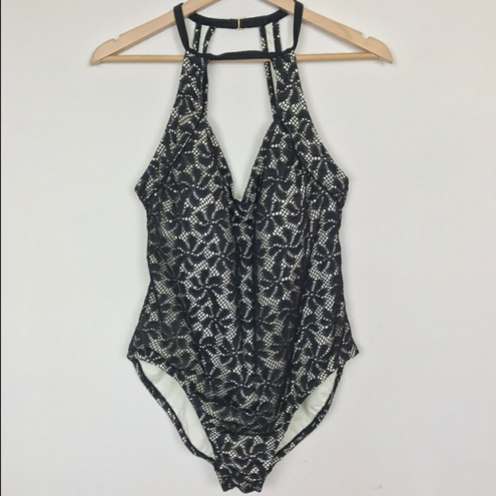 Lace Overlay High Neck One Piece Bathing Suit